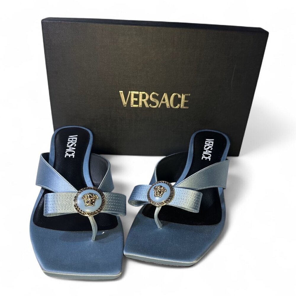 Versace Women's Blue Satin Mule Gianna Ribbon 45 mm sandals Sz 37.5